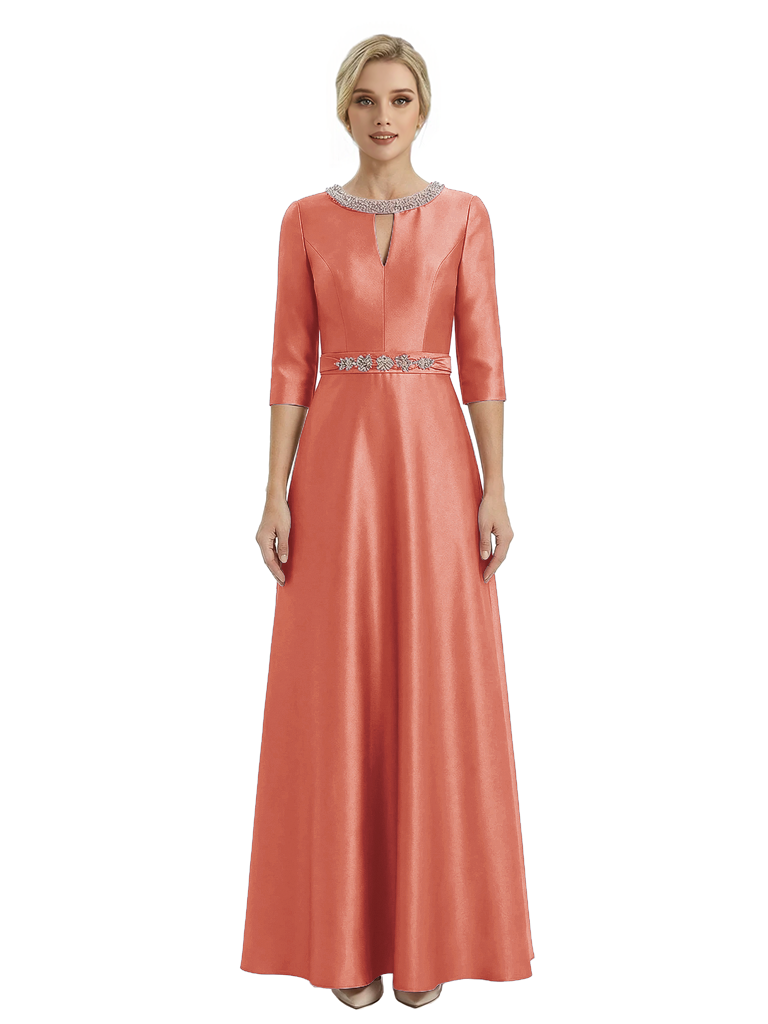 Sophisticated 3/4 Sleeves Beaded A-Line Satin Mother Of The Bride Dress