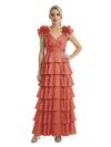 Mother of The Bride Dresses V-Neck Sleeveless Satin Tiered Maxi Gown Unique Flower Detailed Formal Wedding Event Attire