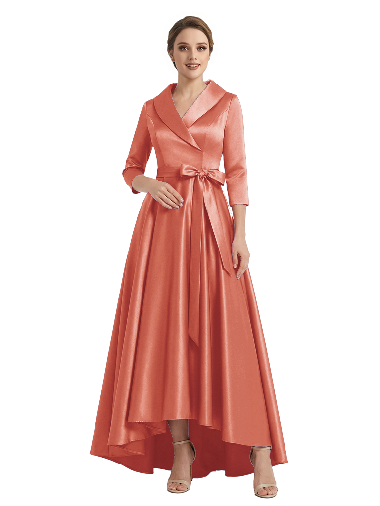 Modern High-Low 3/4 Sleeves Satin Mother Of The Bride Dress With Bow Knot