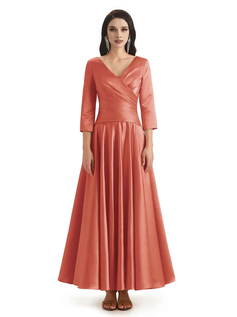 Elegant Soft Satin 3/4 Sleeves V-Neck Ankle Length Mother of The Bride Dresses