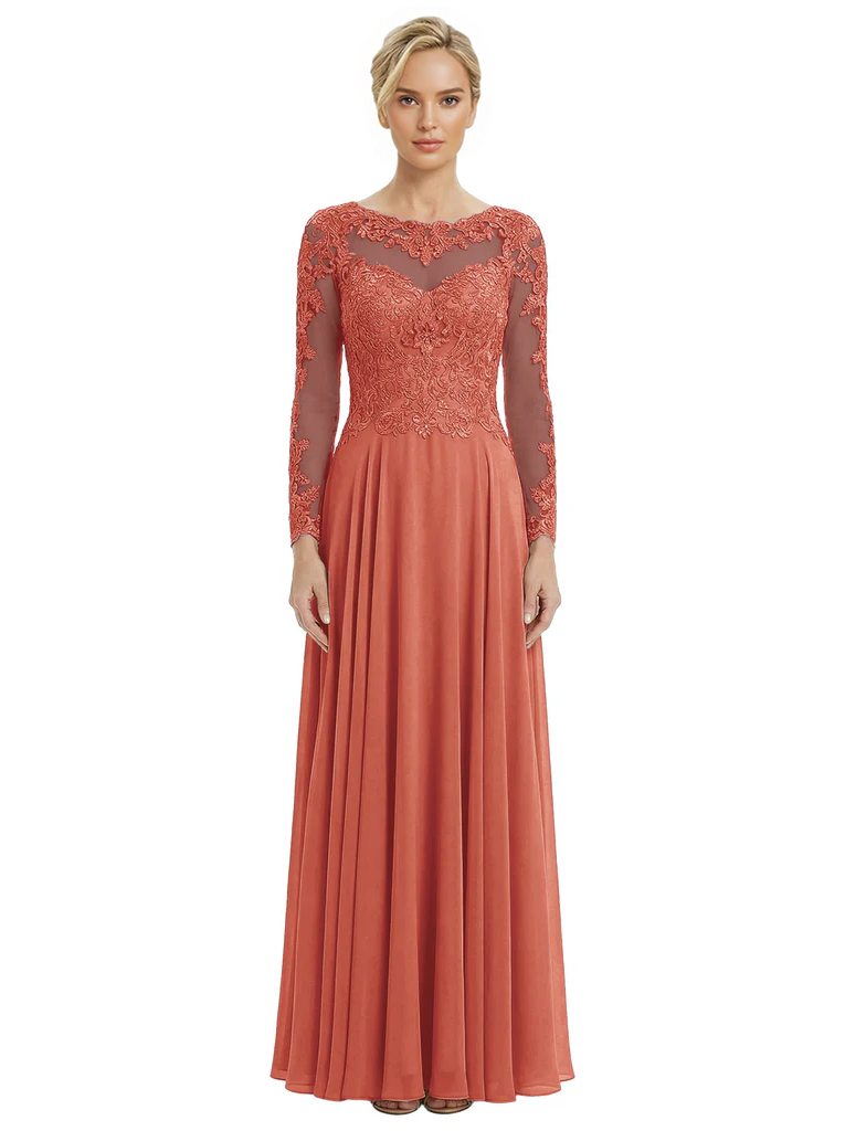 Mother of The Bride Dresses Scoop Long Sleeve Lace Chiffon Maxi Gown Pretty Embroidered Formal Wedding Event Attire