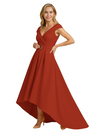 Mother of The Groom Dress Fancy Cap Sleeve Crepe High-Low A-Line Gown Elegant Belt Accent