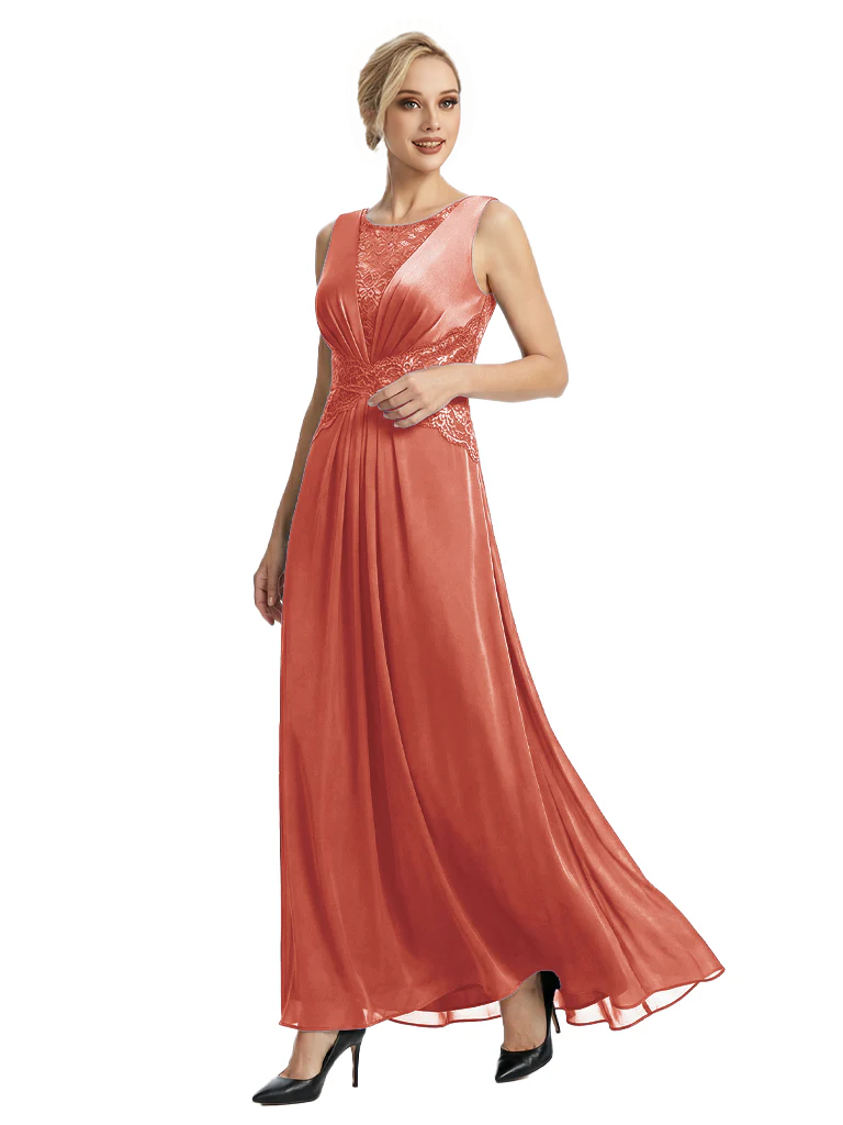 Mother of The Bride Dresses Scoop Sleeveless Lace Chiffon Maxi Gown Classy Ruched Formal Wedding Event Dress