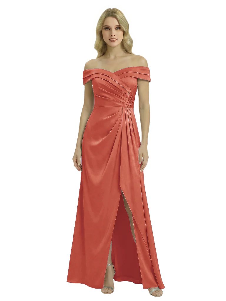 Off The Shoulder Mother Of The Groom Dresses Side Slit Satin Ruched A-Line Gown