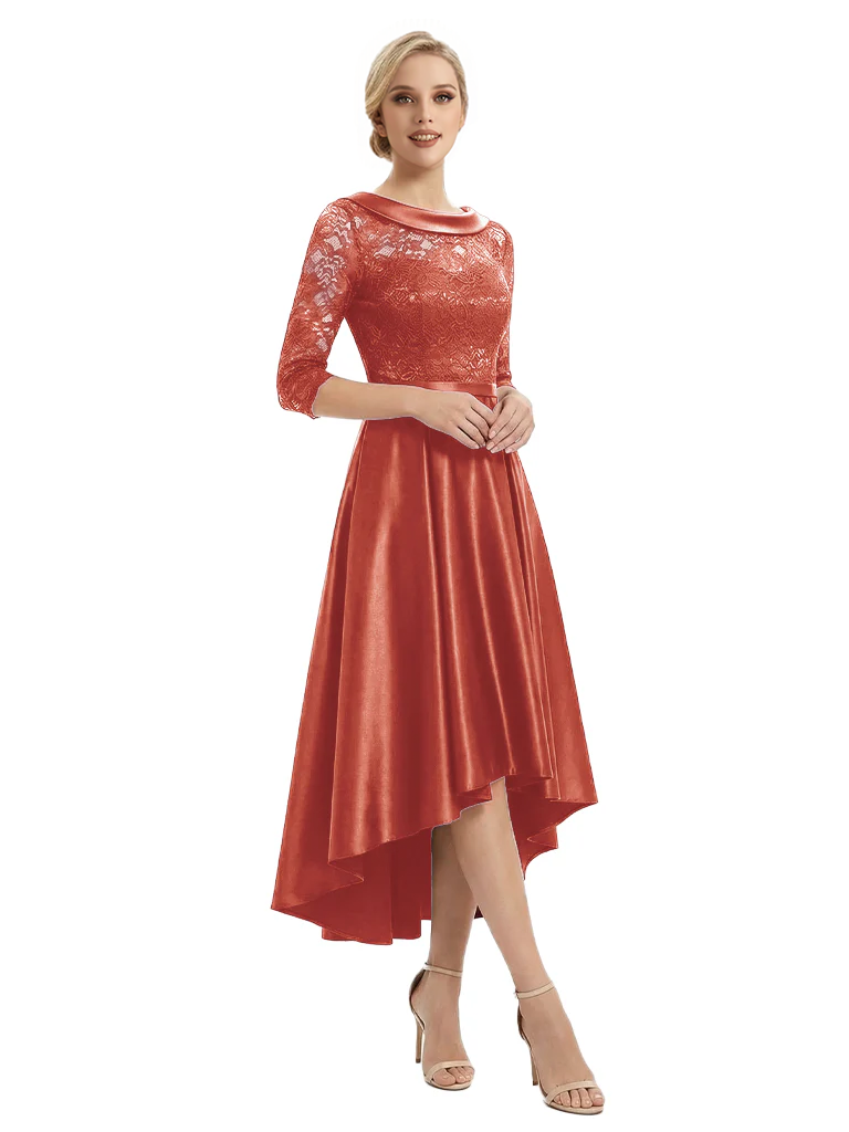 Elegant Boat Neck Satin Lace Mother Of The Bride Dresses High-Low A-Line Gowns