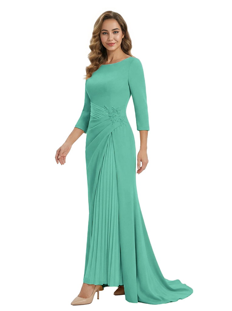 Mother of The Groom Dress Elegant Crew Scoop 3/4 Sleeve Crepe Maxi Gown Pleated Detail Classy Look
