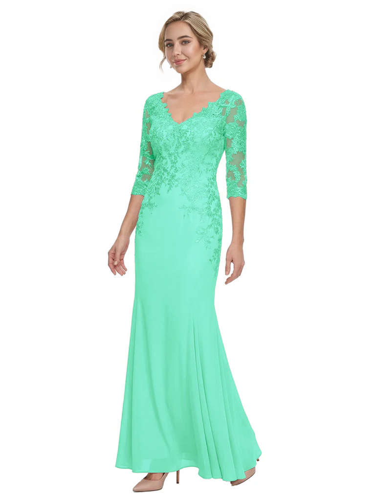 Mother of The Bride Gown V-Neck Half Sleeve Lace Chiffon Trumpet Maxi Dress Unique Sophisticated