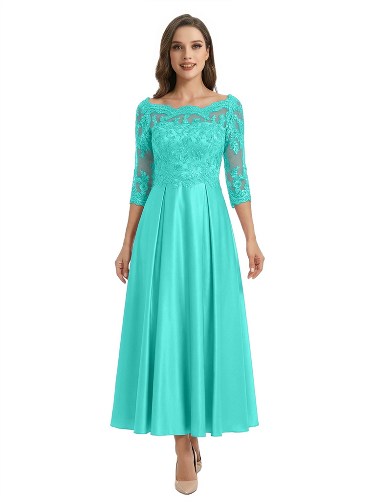 Mother of The Groom Dress Off Shoulder 3/4 Sleeve Lace Satin Midi Gown Classy Pleated