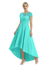 Elegant Mother of The Bride Dress Scoop Short Sleeve Lace Satin High-Low A-Line Gown