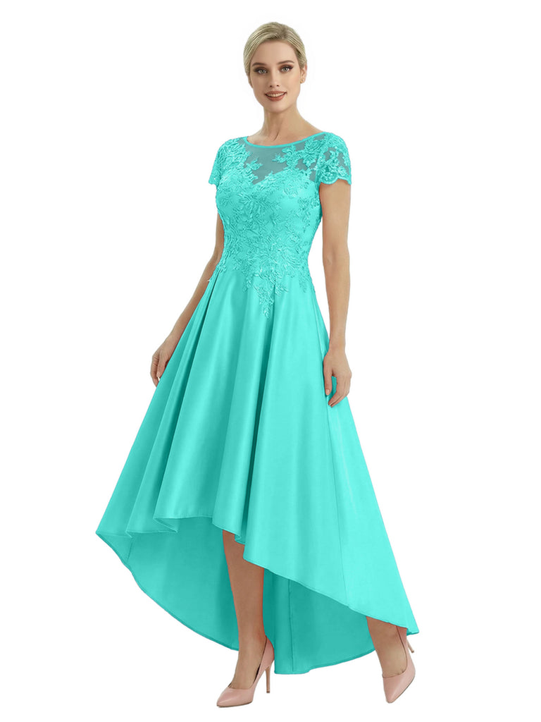 Elegant Mother of The Bride Dress Scoop Short Sleeve Lace Satin High-Low A-Line Gown