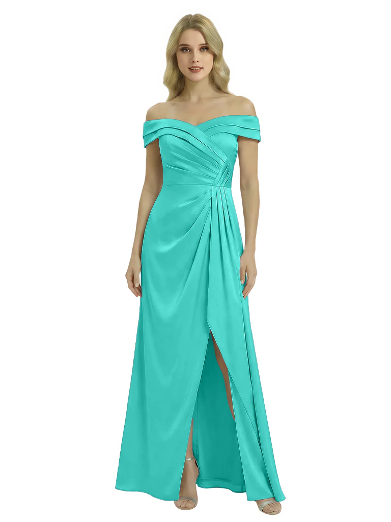 Off The Shoulder Mother Of The Groom Dresses Side Slit Satin Ruched A-Line Gown