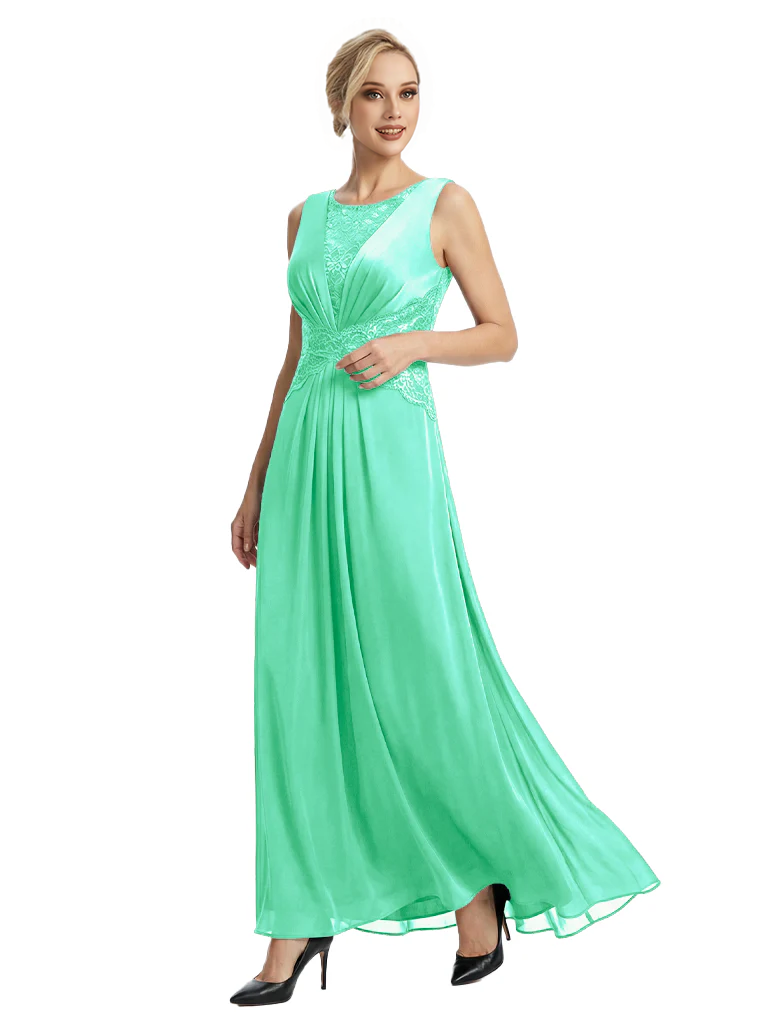 Mother of The Bride Dresses Scoop Sleeveless Lace Chiffon Maxi Gown Classy Ruched Formal Wedding Event Dress