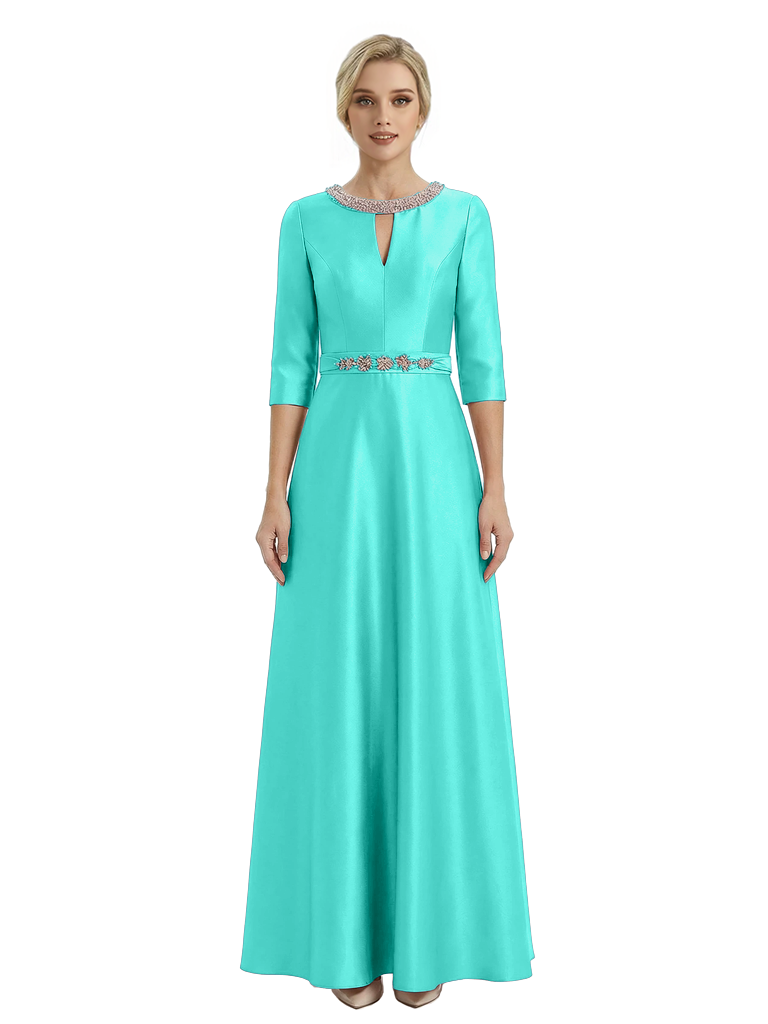 Sophisticated 3/4 Sleeves Beaded A-Line Satin Mother Of The Bride Dress