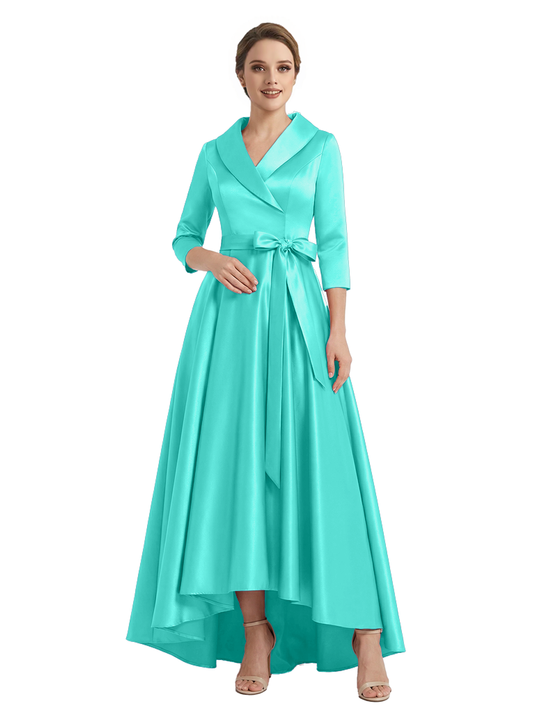 Modern High-Low 3/4 Sleeves Satin Mother Of The Bride Dress With Bow Knot