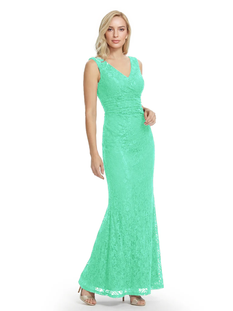 Mother of The Bride Dresses V-Neck Sleeveless Lace Mermaid Maxi Gown Elegant Flowy Formal Wedding Event Dress