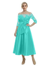 Unique Off Shoulder Tea-Length Satin Mother Of The Bride Dress With Lace Illusion