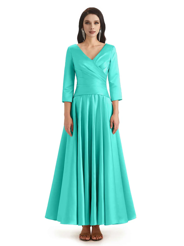 Elegant Soft Satin 3/4 Sleeves V-Neck Ankle Length Mother of The Bride Dresses