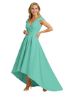 Mother of The Groom Dress Fancy Cap Sleeve Crepe High-Low A-Line Gown Elegant Belt Accent