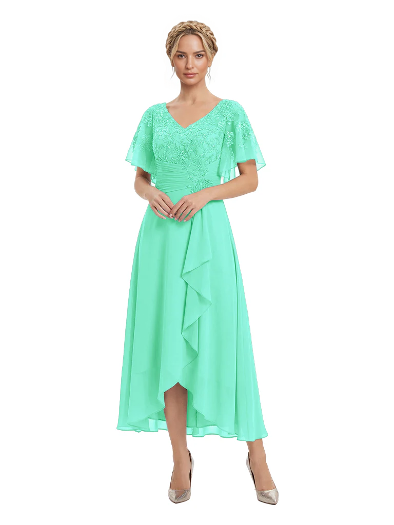 Unique Flutter Sleeves Lace Beaded Short Mother of the Groom Dresses