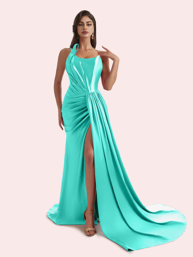 Sexy Mermaid Pleats Side Slit One Shoulder Soft Satin Long Bridesmaid Dress For Wedding Sexy Mermaid Pleats Side Slit One Shoulder Soft Satin Long Bridesmaid Dress For Wedding