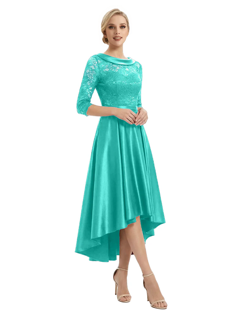Elegant Boat Neck Satin Lace Mother Of The Bride Dresses High-Low A-Line Gowns