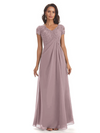 Elegant Short Sleeves Beaded Pleats A-line Floor-Length Mother of The Bride Dresses