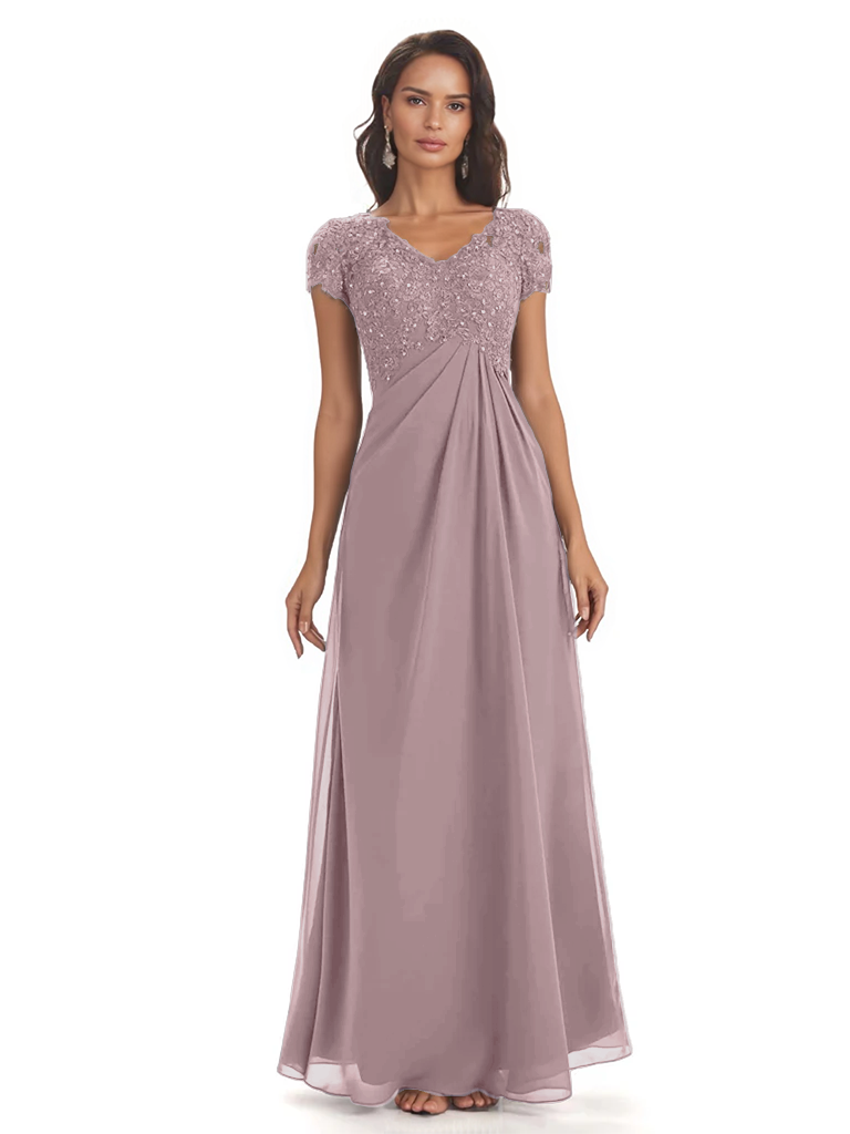 Elegant Short Sleeves Beaded Pleats A-line Floor-Length Mother of The Bride Dresses