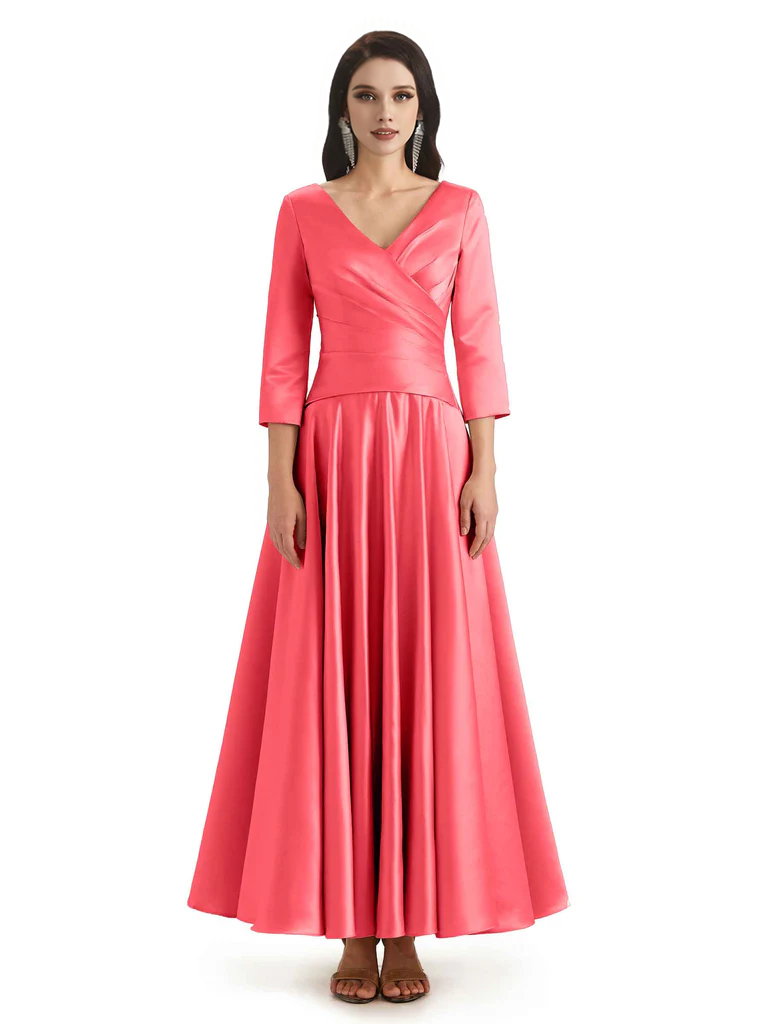 Elegant Soft Satin 3/4 Sleeves V-Neck Ankle Length Mother of The Bride Dresses
