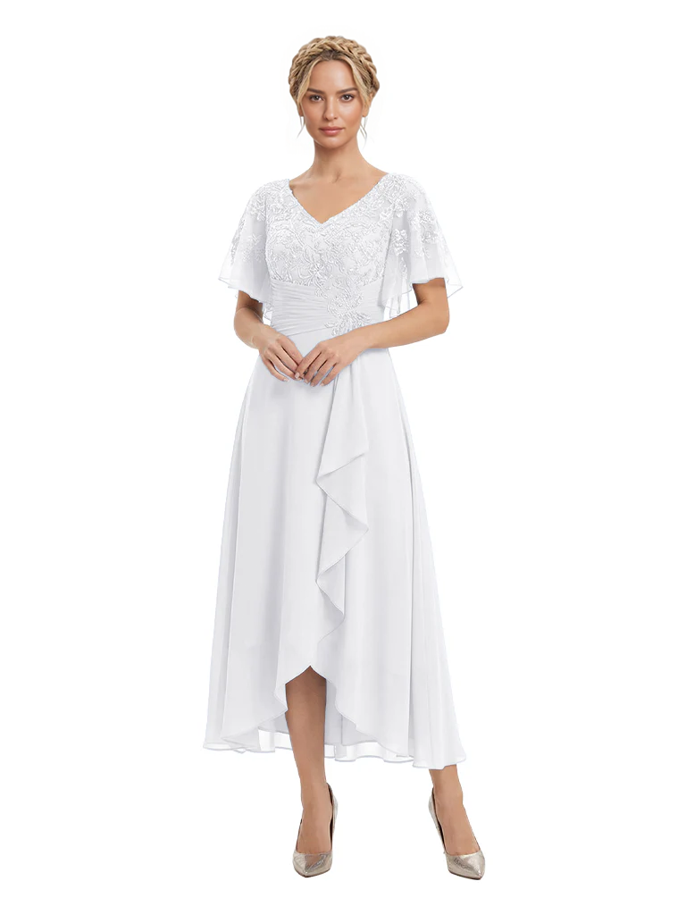 Unique Flutter Sleeves Lace Beaded Short Mother of the Groom Dresses