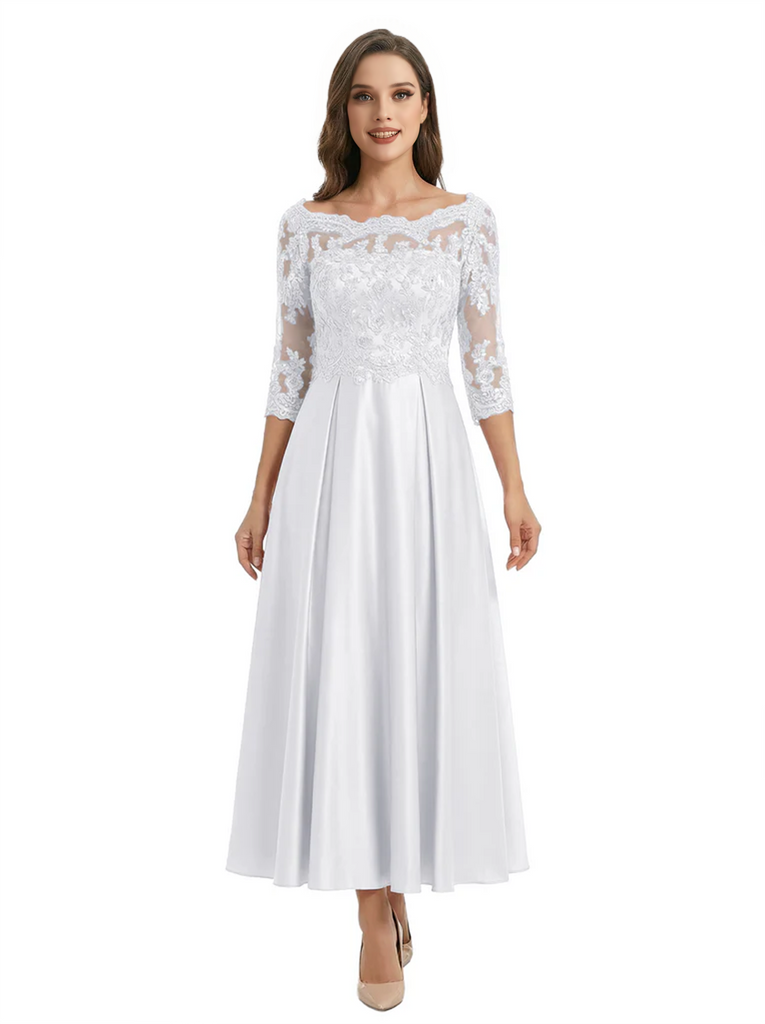Mother of The Groom Dress Off Shoulder 3/4 Sleeve Lace Satin Midi Gown Classy Pleated