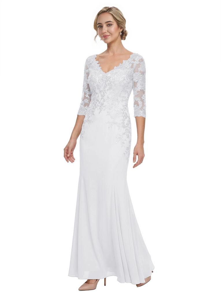 Mother of The Bride Gown V-Neck Half Sleeve Lace Chiffon Trumpet Maxi Dress Unique Sophisticated