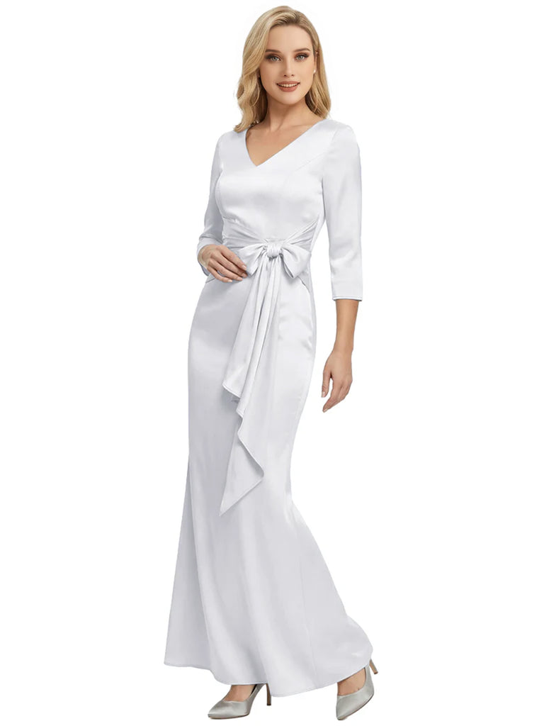 Mother of The Bride Dress Elegant V-Neck 3/4 Sleeve Satin Trumpet Maxi Gown