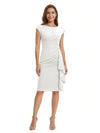 Mother of The Bride Dress Beautiful Jewel Cap Sleeve Crepe Sheath Midi Gown Ruffled Stylish Design