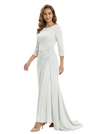 Mother of The Groom Dress Elegant Crew Scoop 3/4 Sleeve Crepe Maxi Gown Pleated Detail Classy Look