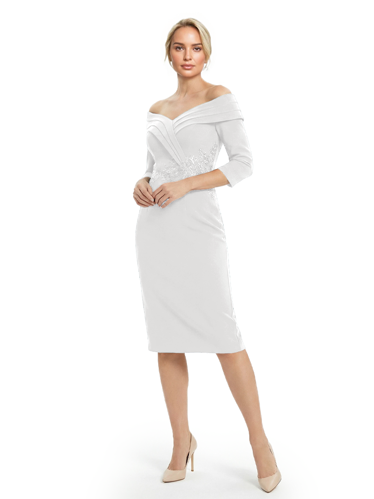 Mother of The Groom Dresses Off The Shoulder 3/4 Sleeve Satin Sheath Midi Dress Pretty Lace Detailed Formal Bridal Party Attire