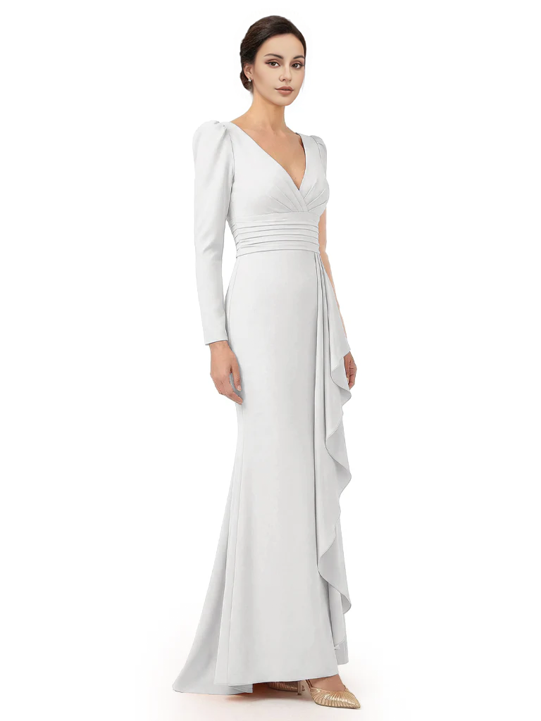 V-Neck Long Sleeves Ruffle Crepe Mother Of The Groom Dress Mermaid