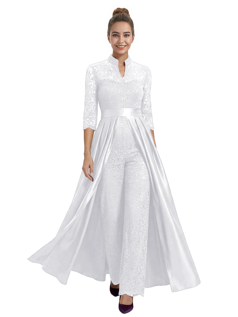Mother of The Groom Outfit V-Neck 3/4 Sleeve Lace Pantsuit Satin Overskirt