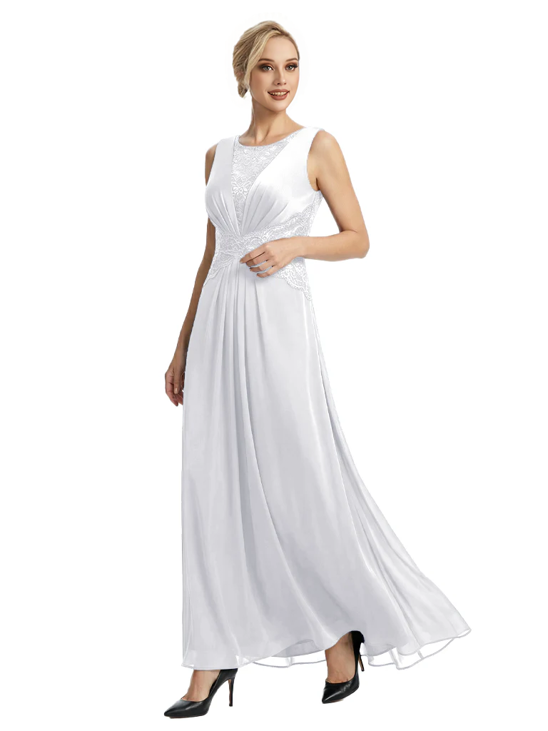 Mother of The Bride Dresses Scoop Sleeveless Lace Chiffon Maxi Gown Classy Ruched Formal Wedding Event Dress