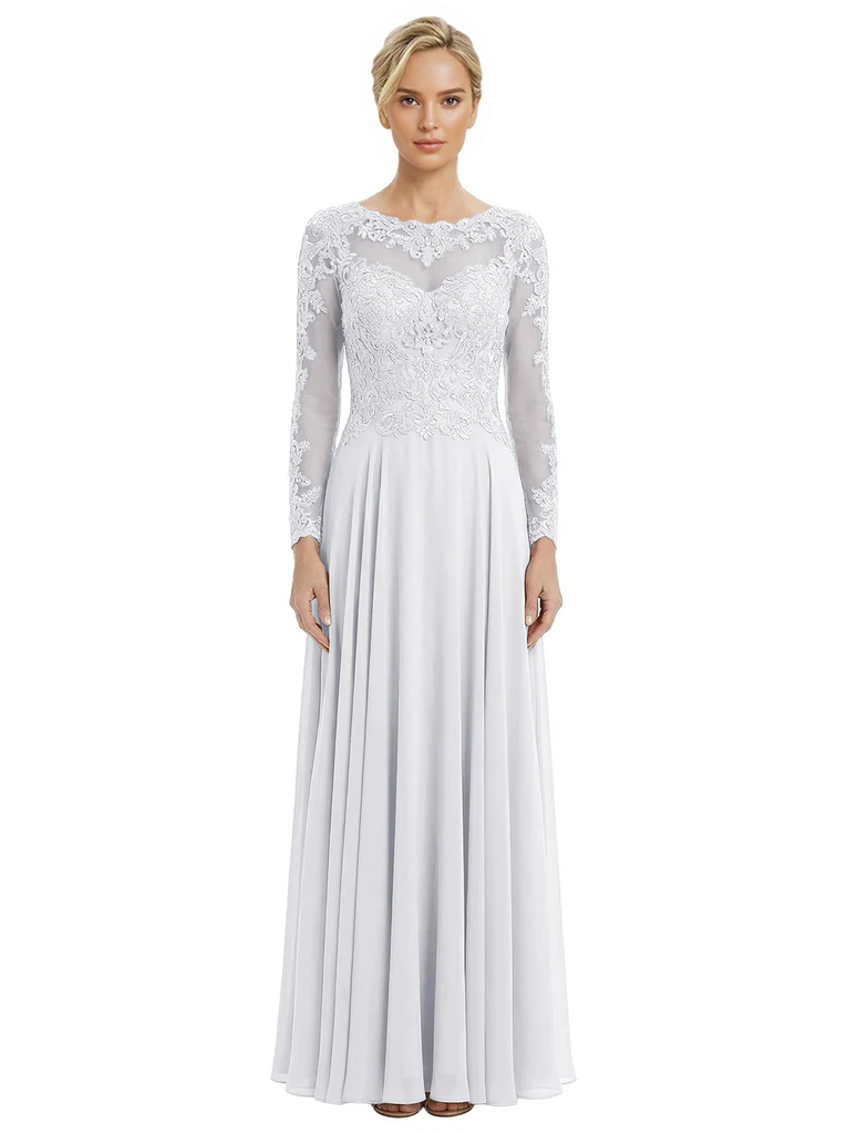 Mother of The Bride Dresses Scoop Long Sleeve Lace Chiffon Maxi Gown Pretty Embroidered Formal Wedding Event Attire