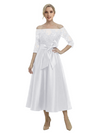 Unique Off Shoulder Tea-Length Satin Mother Of The Bride Dress With Lace Illusion