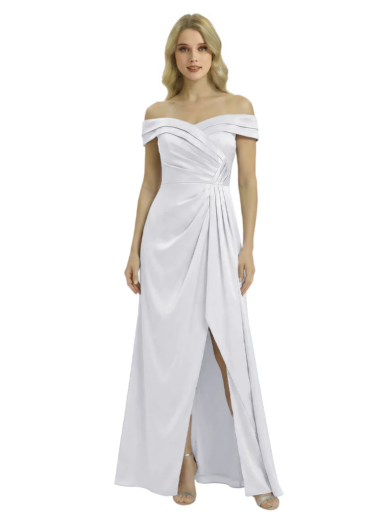 Off The Shoulder Mother Of The Groom Dresses Side Slit Satin Ruched A-Line Gown