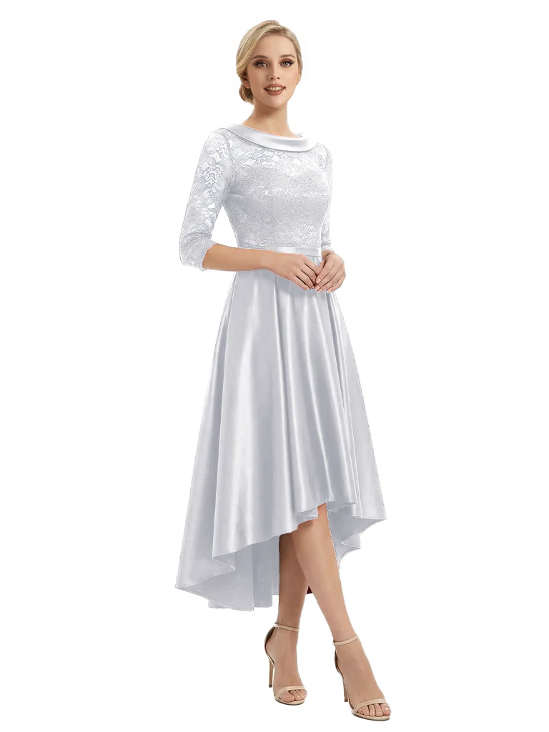 Elegant Boat Neck Satin Lace Mother Of The Bride Dresses High-Low A-Line Gowns