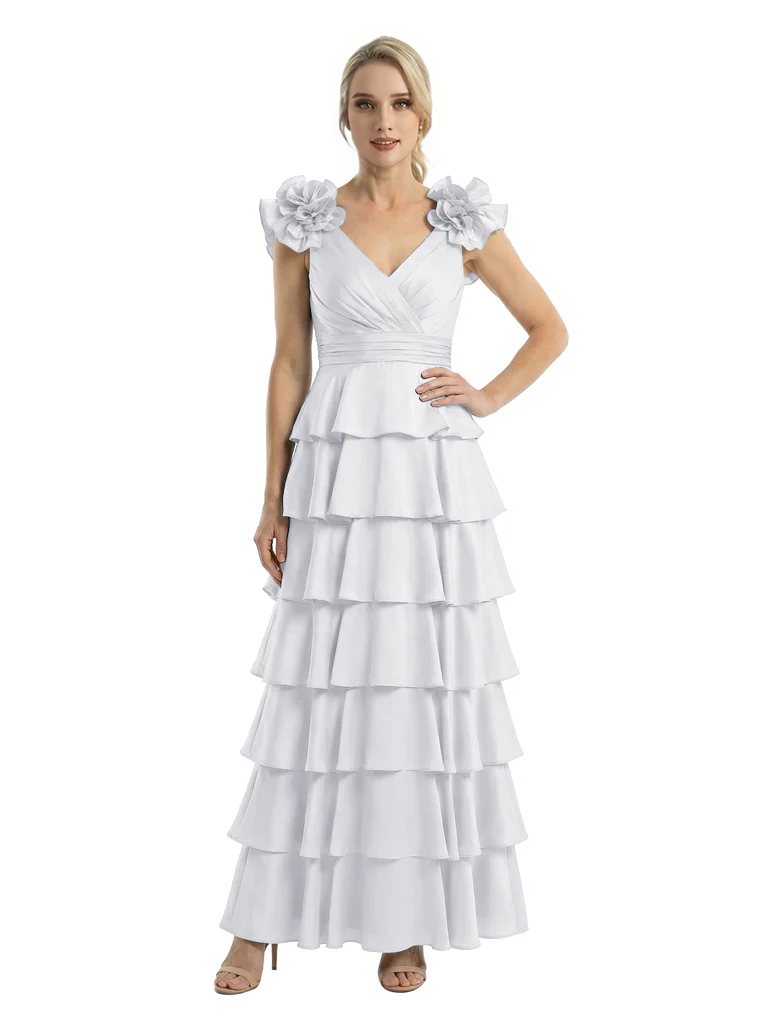 Mother of The Bride Dresses V-Neck Sleeveless Satin Tiered Maxi Gown Unique Flower Detailed Formal Wedding Event Attire