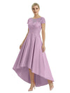 Elegant Mother of The Bride Dress Scoop Short Sleeve Lace Satin High-Low A-Line Gown