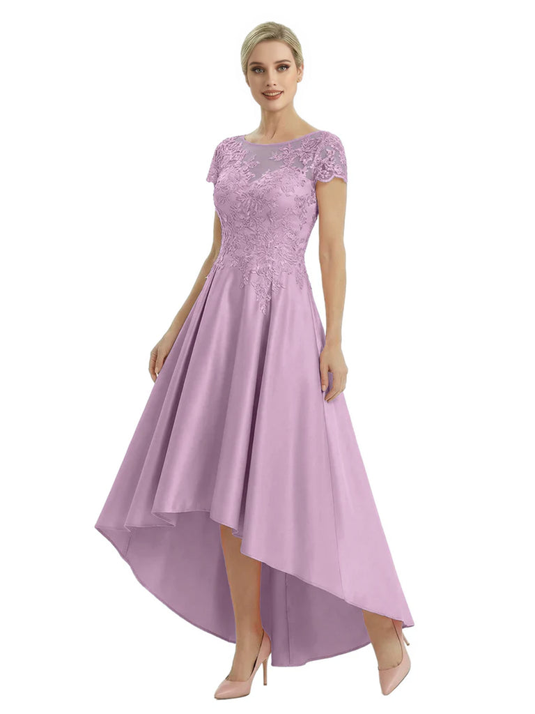 Elegant Mother of The Bride Dress Scoop Short Sleeve Lace Satin High-Low A-Line Gown