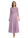 Mother of The Groom Dress Off Shoulder 3/4 Sleeve Lace Satin Midi Gown Classy Pleated
