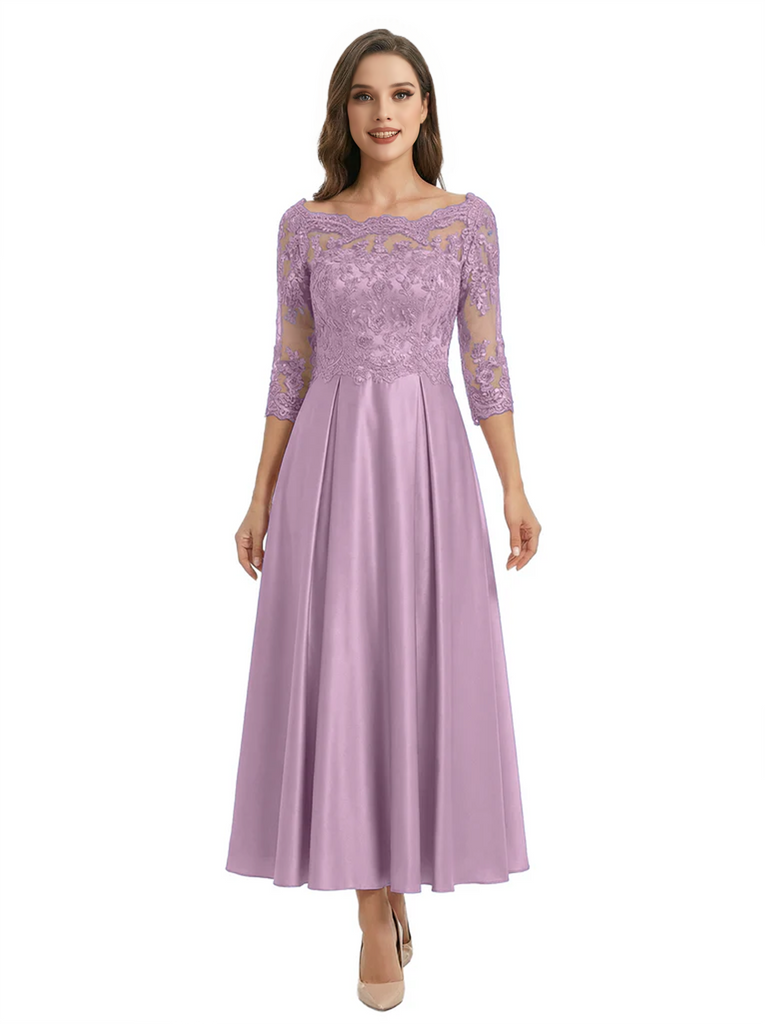 Mother of The Groom Dress Off Shoulder 3/4 Sleeve Lace Satin Midi Gown Classy Pleated