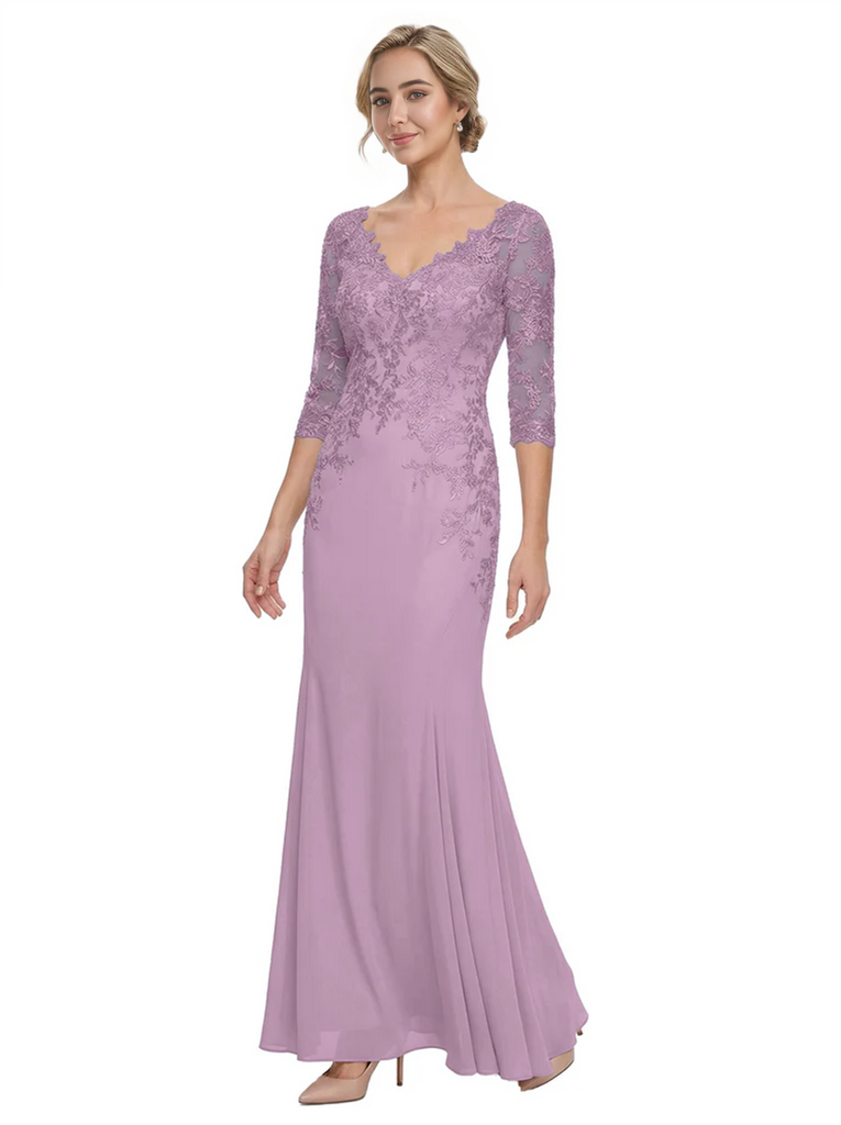 Mother of The Bride Gown V-Neck Half Sleeve Lace Chiffon Trumpet Maxi Dress Unique Sophisticated