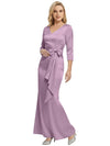 Mother of The Bride Dress Elegant V-Neck 3/4 Sleeve Satin Trumpet Maxi Gown