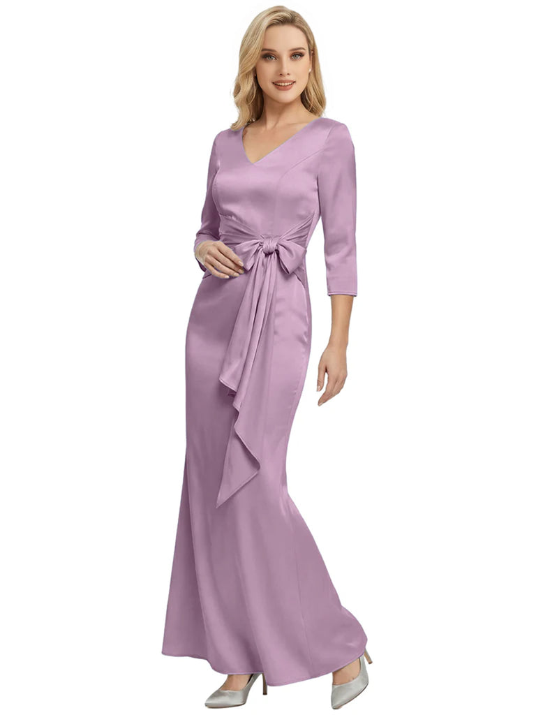 Mother of The Bride Dress Elegant V-Neck 3/4 Sleeve Satin Trumpet Maxi Gown
